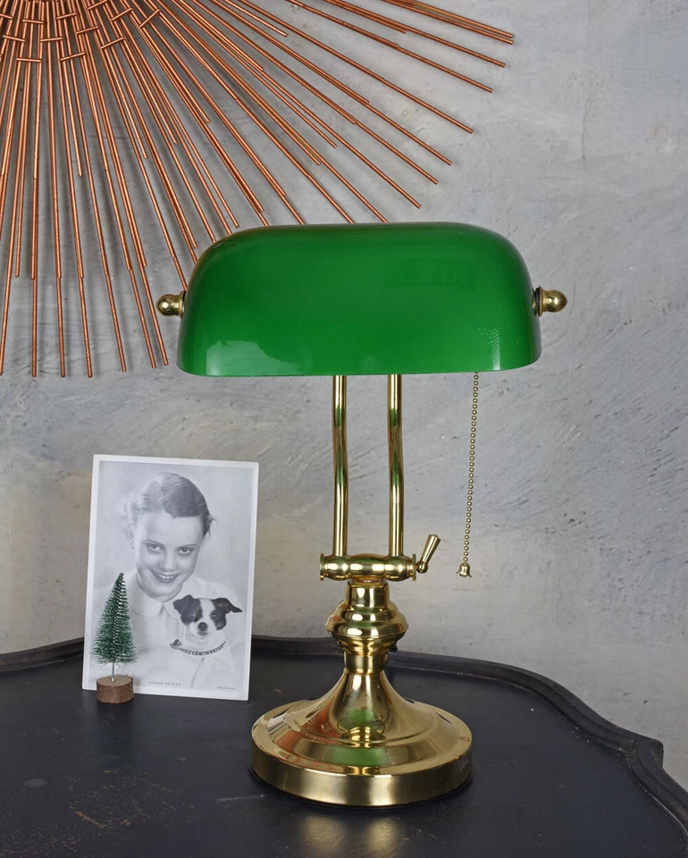 Bankerlampe mit Zugschalter Bürolampe grün Tischlampe Messing Leselampe Vintage - Bild 4 von 4
