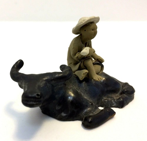 Vintage Ceramic Chinese Mini Figurine Men Boy on Water Buffalo Has a chip toes!! - Picture 5 of 7