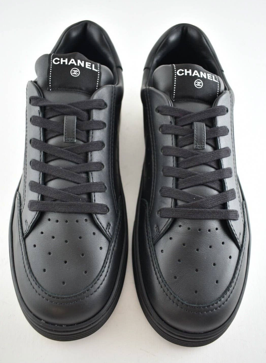 Chanel 20A Mens Black Leather CC Logo Lace Up Tie Low Top Trainer
