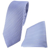 Schmale Tigertie Seidenkrawatte + Einstecktuch In Blau Fernblau Weiß Gestreift