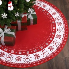 Christmas Tree Skirt 36 Inch, Red and White Xmas Tree Mat with Winter Snowfla...
