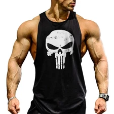 Men's Skull Gym Cotton Tank Tops Muscle Bodybuilding Stringer Vest Sleeveless...