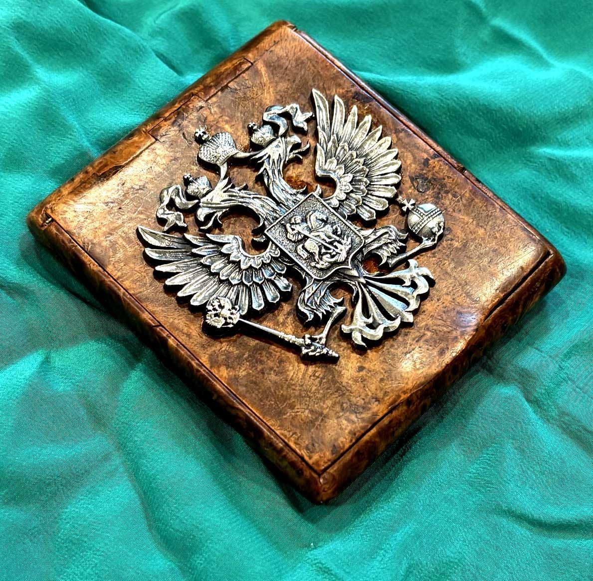 RUSSIAN WOODEN SILVER CIGARETTE CASE
