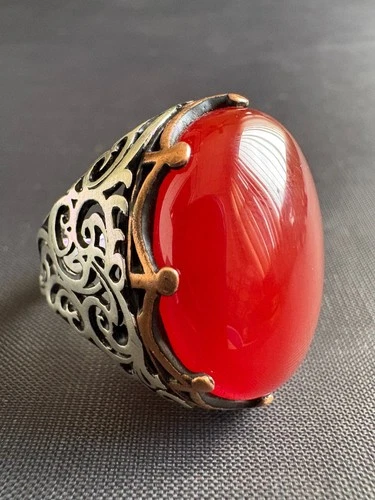 Vintage 925 Sterling Silver Ring Large Red Carnelian Handcrafted Ring Size 12 US