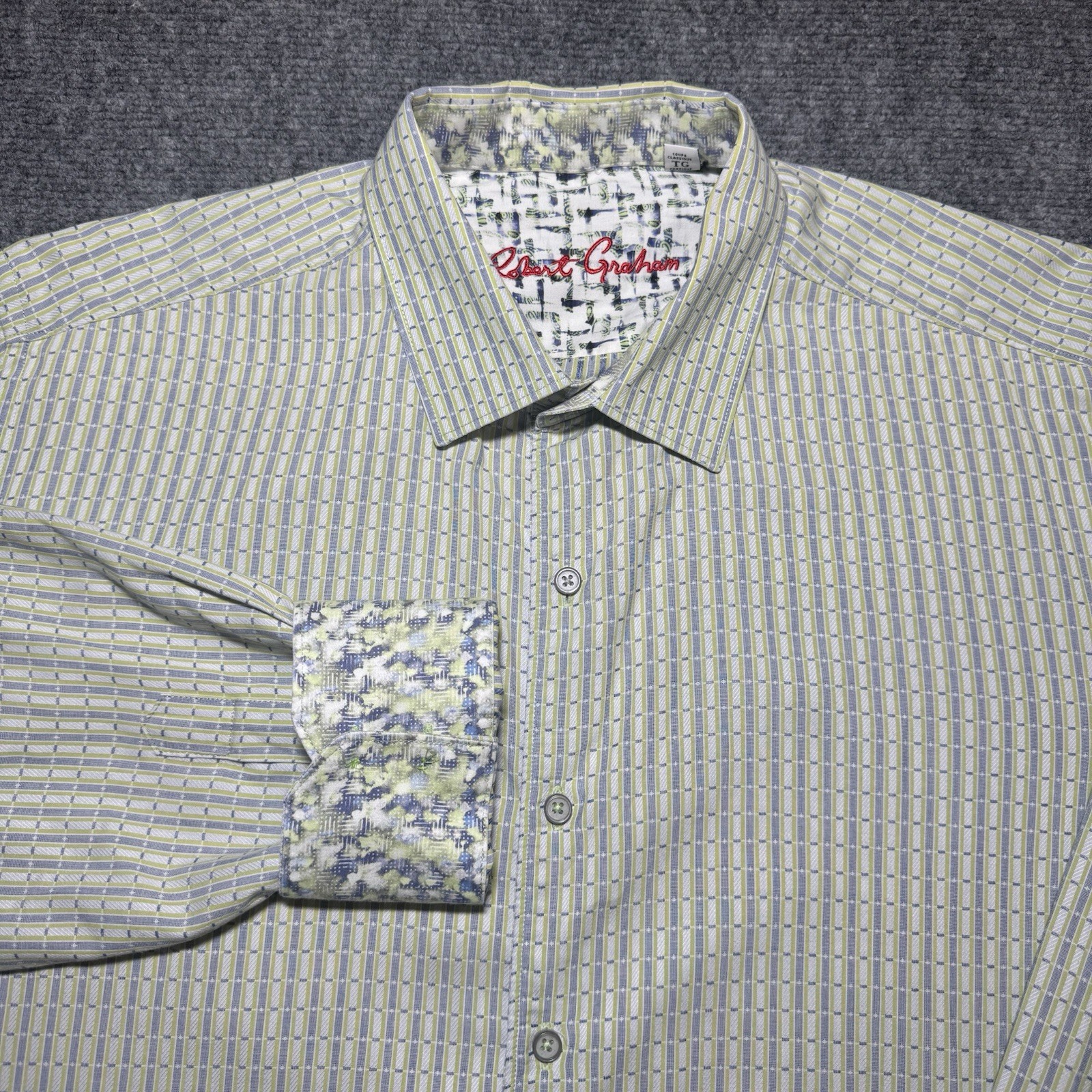 Robert Graham Striped Green Flip Cuff Classic Fit Button Up Shirt Size XL