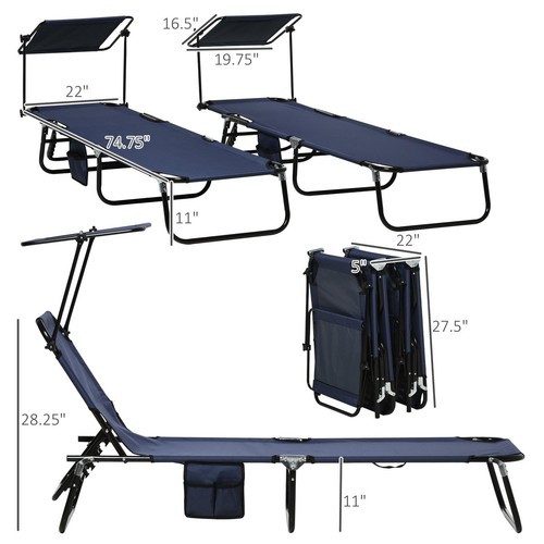 Dark Blue Steel Outdoor Chaise Lounge with Canopy, Reclining Pool Chairs (Set - Picture 7 of 9