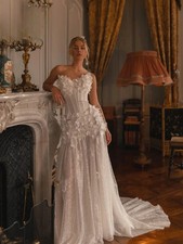 Strapless 3D-Flower Wedding Dress Lace Sparkl Mermaid Floor-Length Bridal Gown