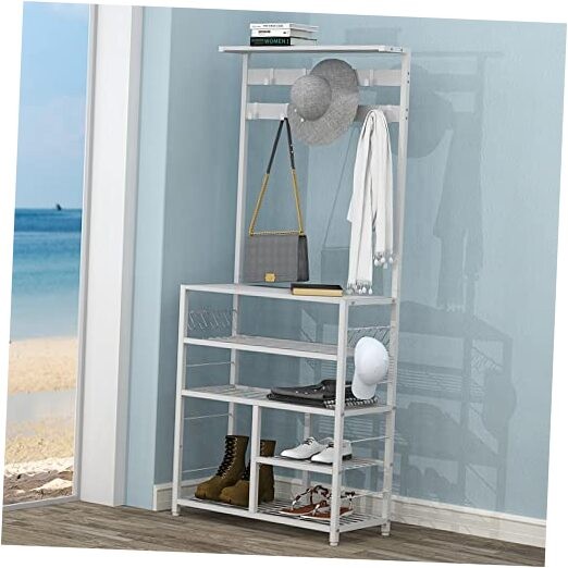 Modern White 5-Tier Wooden Hall Tree Entryway Shoe Shelf Coat Rack
