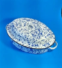 Red Co Enamelware Metal Oval Roaster 12 x 5 White with Blue Speckles New