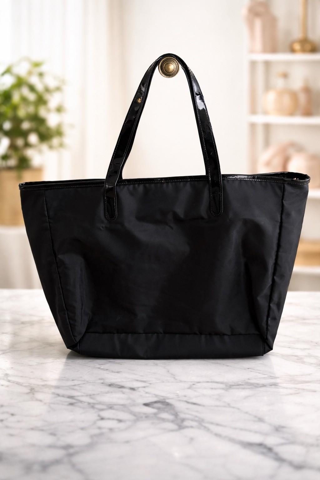 Saks Fifth Avenue Black Nylon Tote Patent Leather Handles Lightweight Bag