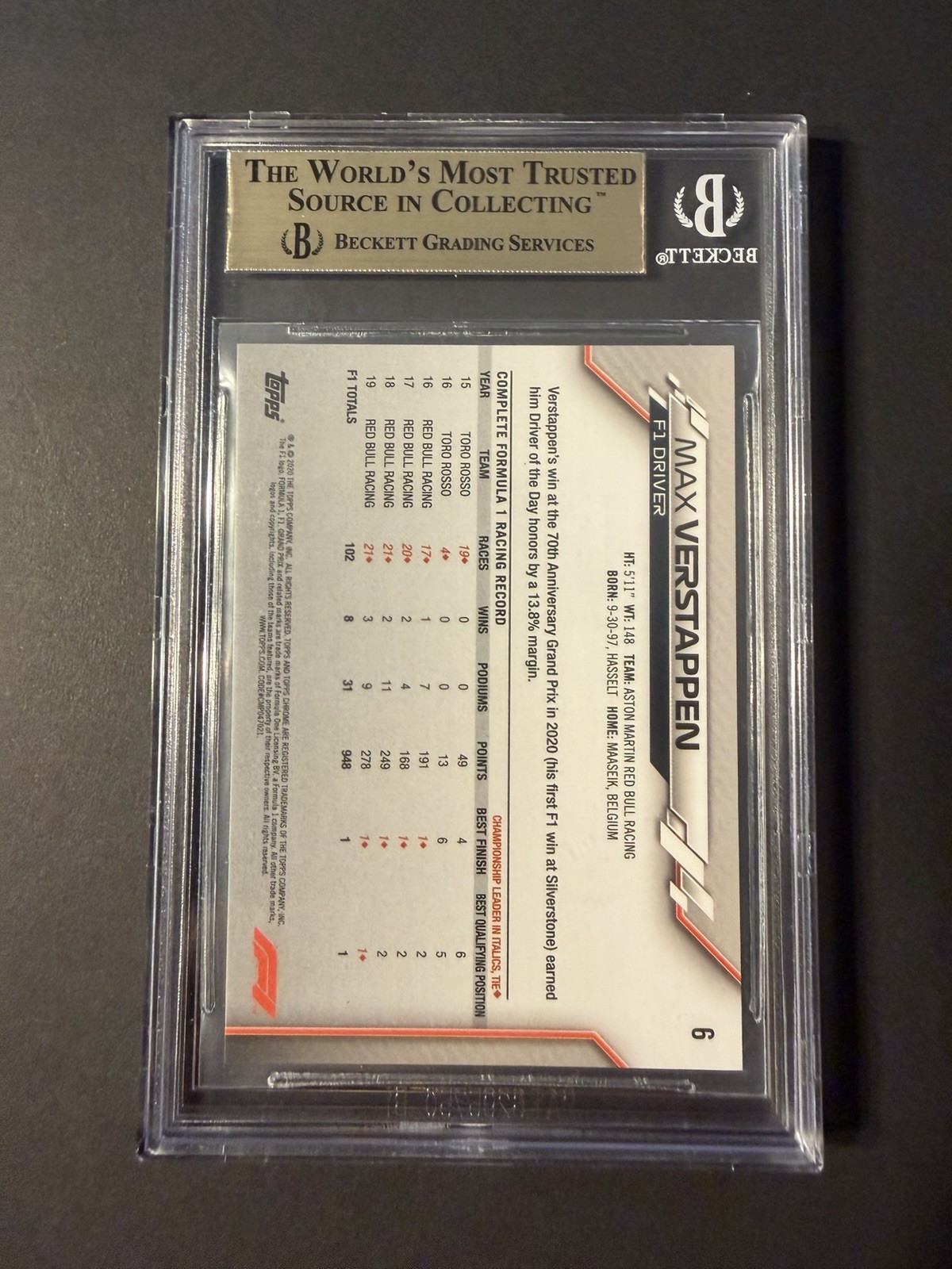 2020 Topps Chrome Sapphire Formula 1 F1 Max Verstappen #6 Red Bull BGS 9.5 view 2