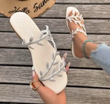 FASHION Women's White Silver Rhinestone Leaf Strappy Flat Sandals Synthetic