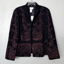 Pririt Coldwater Creek Black/Wine Red Bonnaz Embroidered Blazer Jacket Size 16