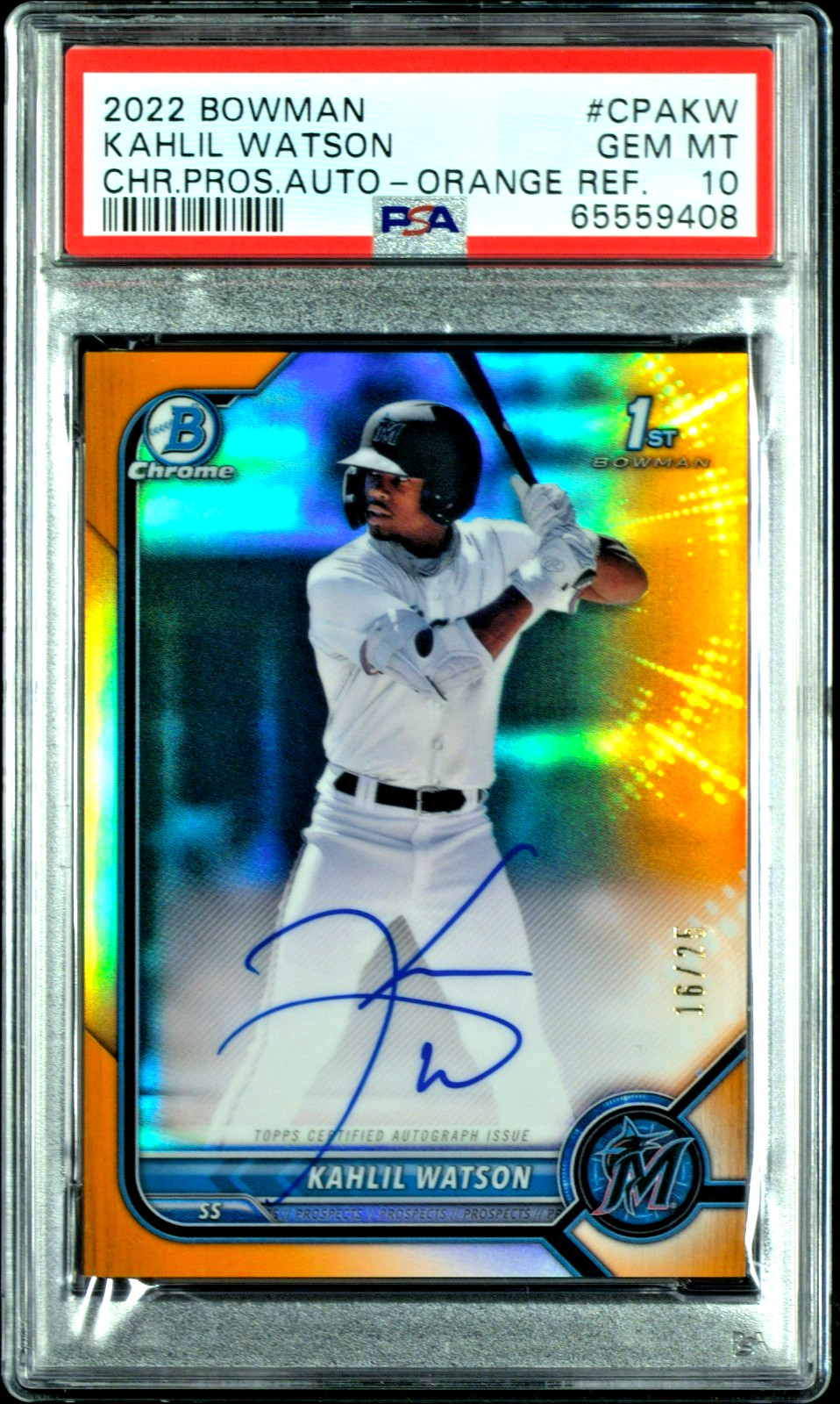 2022 Bowman Chrome Kahlil Watson True Orange Refractor AUTO /25 PSA 10 GEM RC