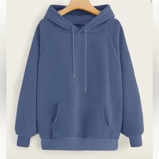 Women s Blue Fleece Pullover Hoodie M Kangaroo Pocket Drawstring Long Sleeve