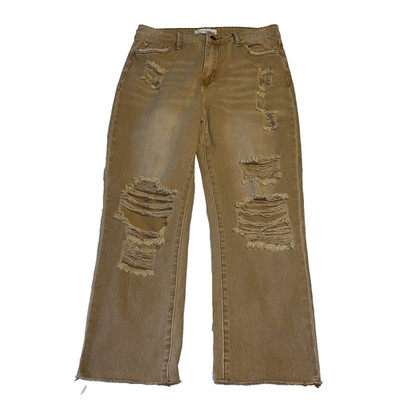Vervet Women's Destroyed Khaki Jeans 28 Holes Baggy Ripped Straight Leg