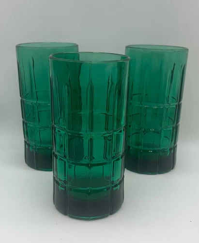 Vintage Set of 3 Anchor Hocking 16oz Tartan Emerald Green Iced Tea Glass