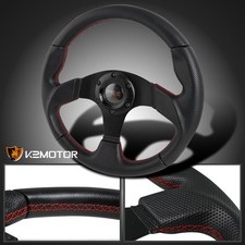 Black Leather 3-spoke Red Stitches Race Steering Wheel Whorn Button