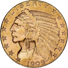 [#1121595] United States, $5, Half Eagle, Indian Head, 1909, Denver, Gold, AU