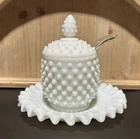 Vintage Fenton Milk Glass Hobnail Mustard Condiment Jar With Lid & Spoon & plate
