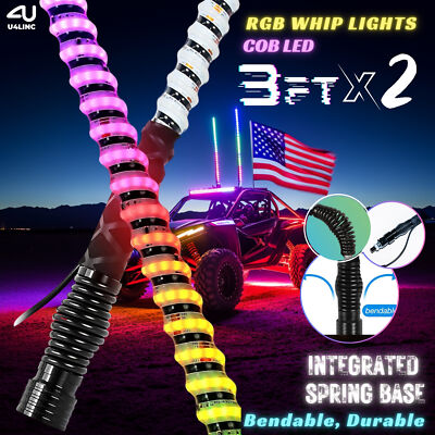 2  3ft RGB COB LED Spiral Whip Lights Antenna Chase APP & Remote for ATV UTV SXS