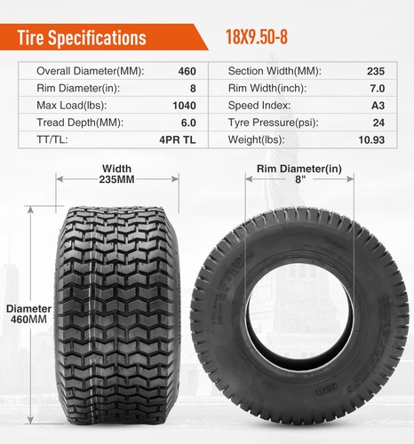 18x9.50-8 Lawn Mower Tires 18x9.5x8 4PR Tubeless Lawn Tractor Tyre Turf Friendly - Picture 3 of 10