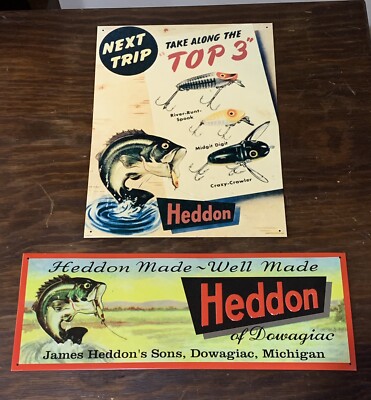 2 Vintage Reproduction Heddon Fishing Lure Tin Signs | eBay