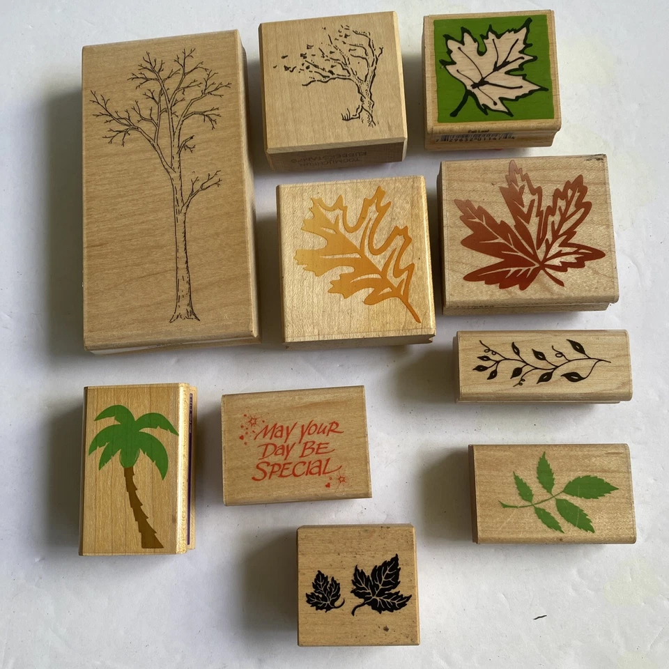 Lote de 10 estampillas de goma de bloque de madera surtidas hojas de árbol de otoño palmera de colección 1990 Foto 2 de 4