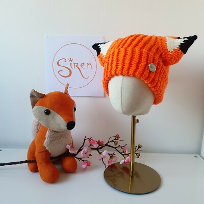 Orange Fox Cat Ears Hand Knitted Women's Winter Beanie Hat