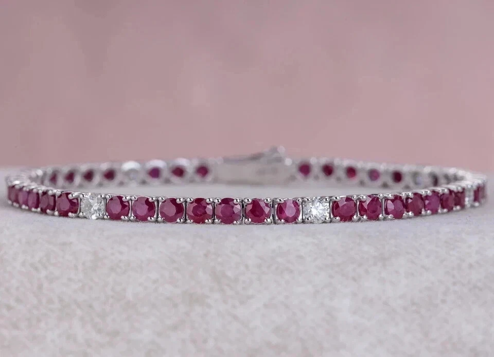 7.50 Ct Round Natural Red Ruby & Diamond Link Tennis Bracelet 14K White Gold - Image 3 of 4