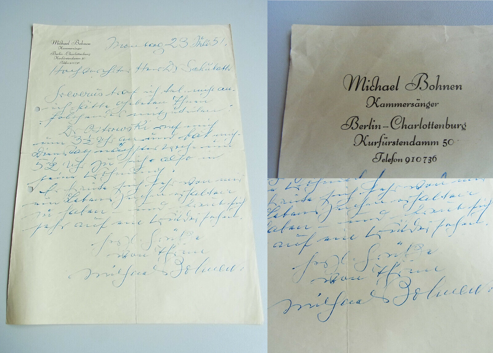 Opera Singer Michael Beans (1887-1965): Eh. Letter Berlin 1951