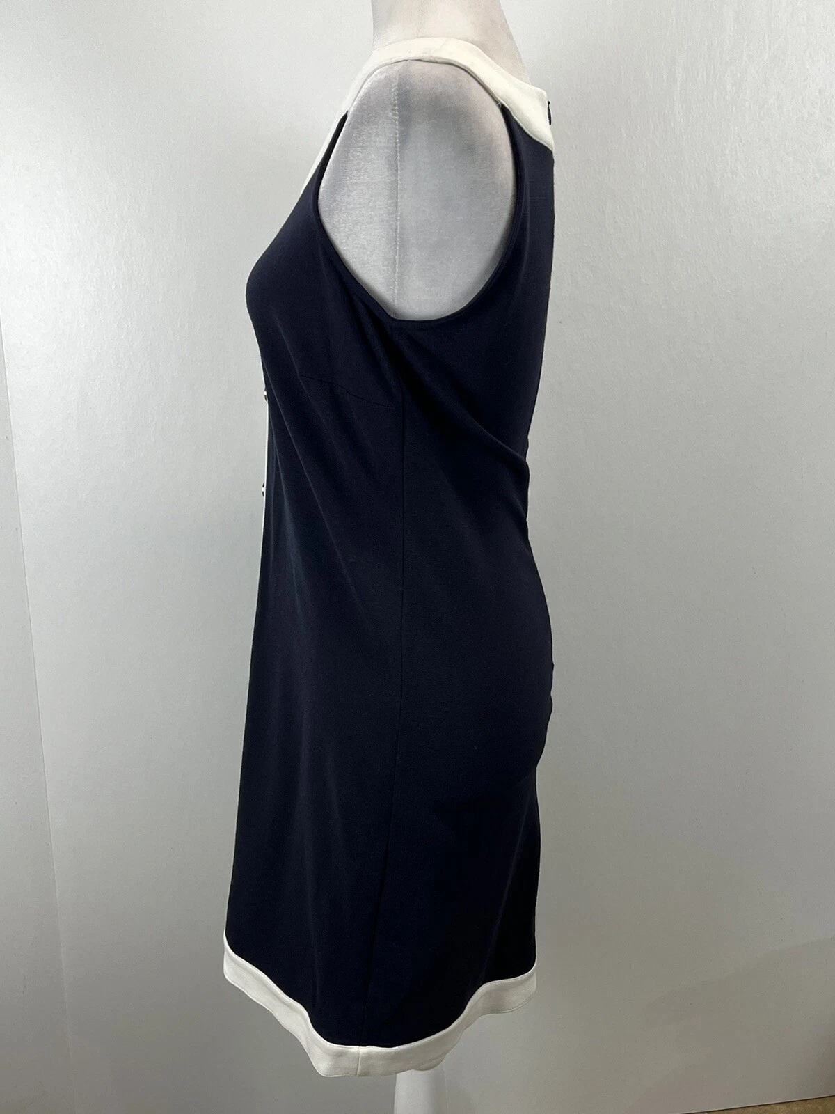 NUOVO! Abito in guaina Michael Kors 6p Petite Navy Finiture Bianco Bottoni Senza Maniche