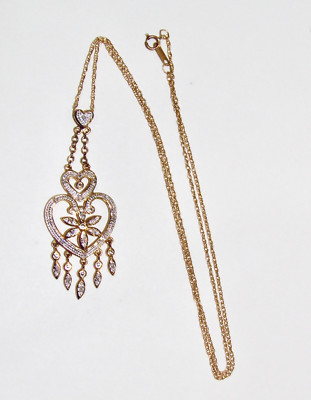 VINTAGE  DANBURY MINT 14K YELLOW GOLD DIAMOND HEARTS CHANDELIER PENDANT DANGLE