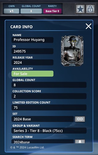 Topps Star Wars Card Trader 2024 Professor Huyang S3 T8 Black Base 75cc Digital - Picture 2 of 2