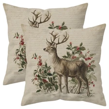 Vintgae Deer Pillow Covers 18x18 Set of 2, Rustic Christmas Throw Pillow Cove...
