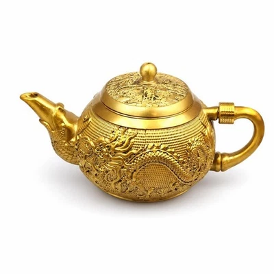Théière En Laiton Sculpté Théière avec Couvercle Doré pour Collectionneurs - Photo 1/4