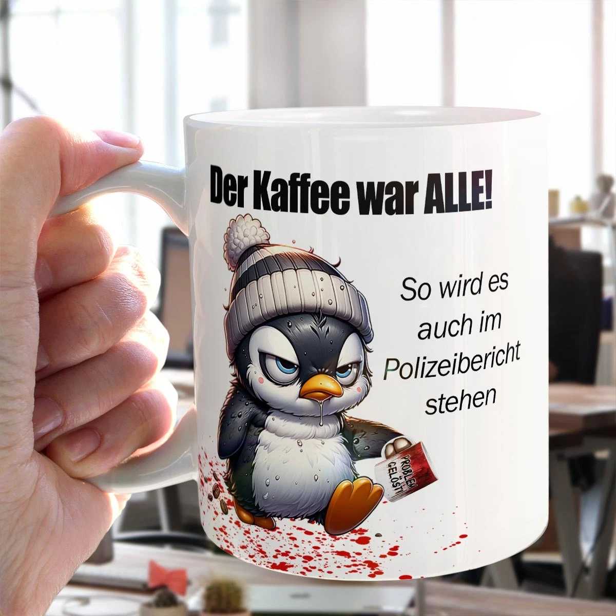 Pinguin Tasse Kaffee war alle Spruch lustig Geschenk Büro Arbeit Kollege Humor