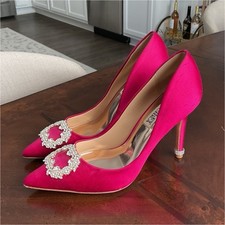 Badgley Mischka Pink Satin Rhinestone Pointed Toe Stiletto Pump Slip On Women
