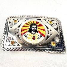 Vintage Western JESUS IS LOVE Belt Buckle Only, Silver, Rhinestones Made in USA