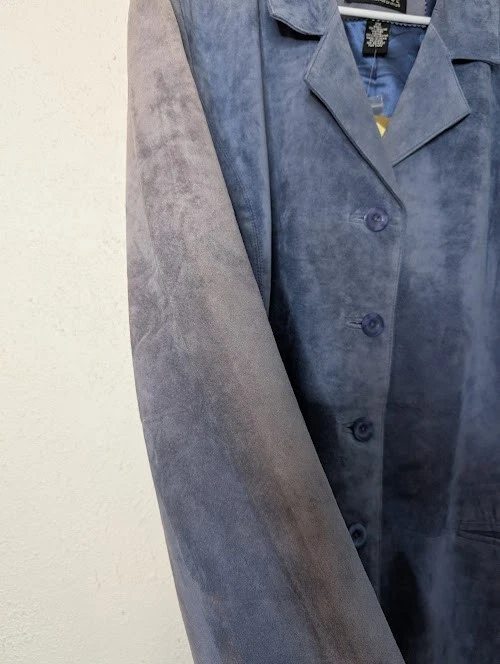 Винтажный Y2K диалог замшевая куртка женщин 2 X светло-синий кожаный кнопка вверх траншея - Изображение 2 из 4