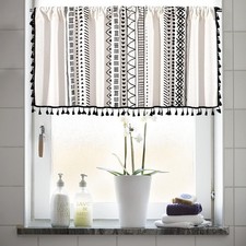 Cotton Linen Boho Curtains W/ Tassels Black  Ivory Striped Curtains for Windows