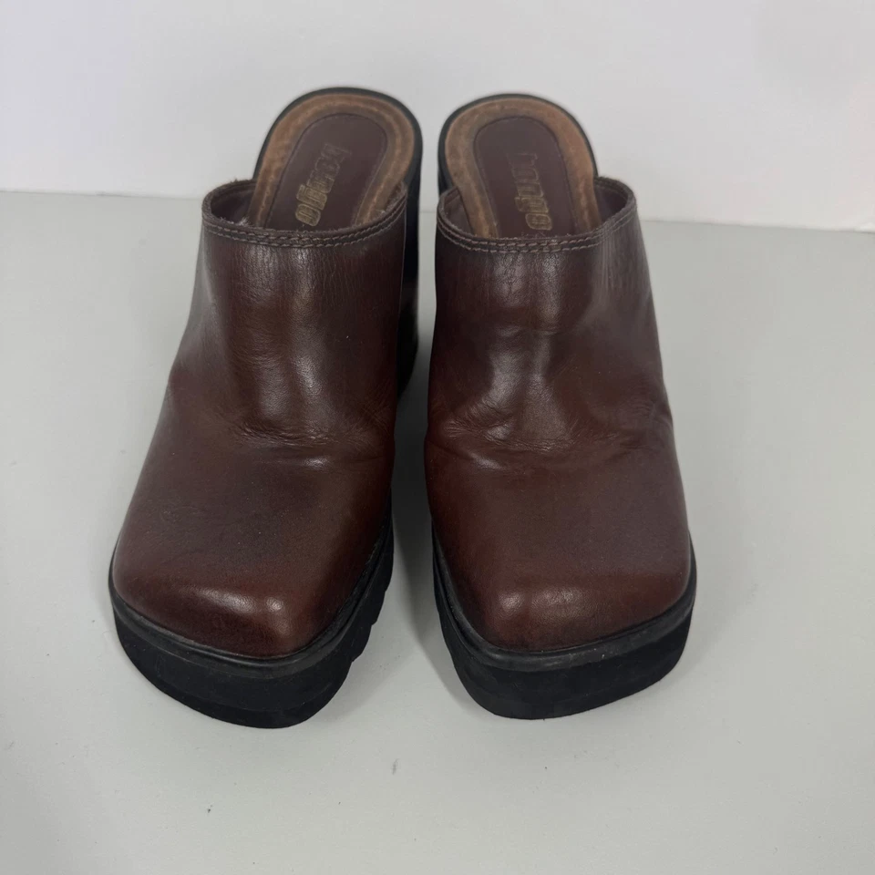 Bongo Vintage Platform Clogs Mules Y2K Brown Leather 7.5 Wood Cut Out Chunky - Image 3 of 4