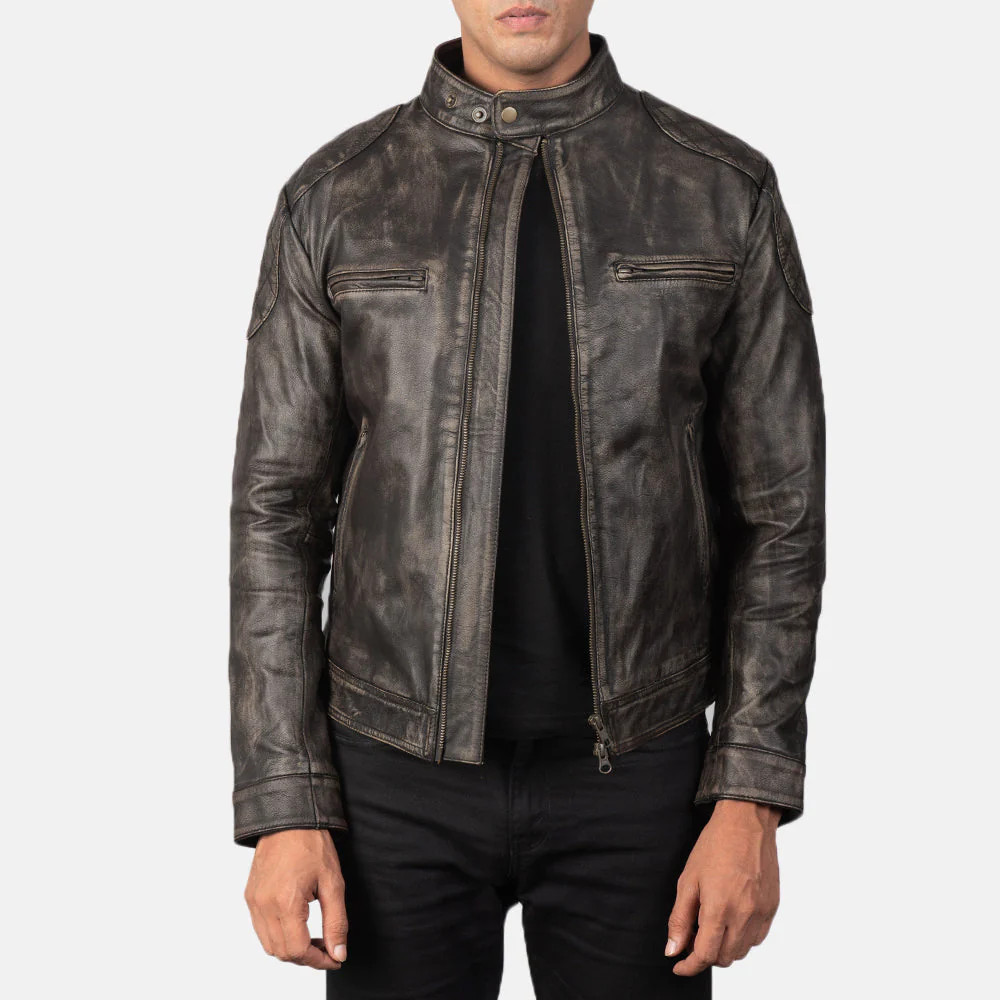 Men’s Distressed Black Leather Biker Jacket Quilted Shoulder Racer Moto Coat