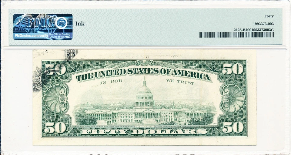 Federal Reserve Note New York USA $50 1993 Printed Fold Error PMG 40 - Image 2 of 2