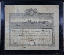 Gesellenbrief mit Ansicht von Mannheim über den Rhein. Kupferstich um 1800