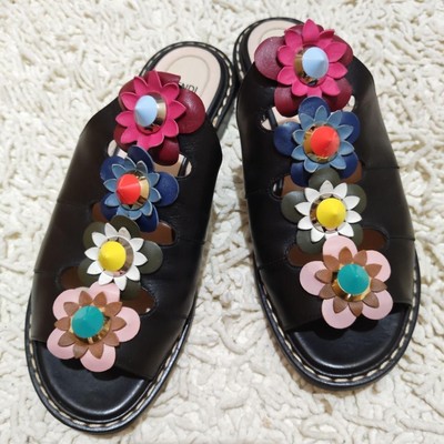 Echte FENDI flache Schuhe Blumen Slide Sandalen UK4 EU37 US7 Leder schwarz...
