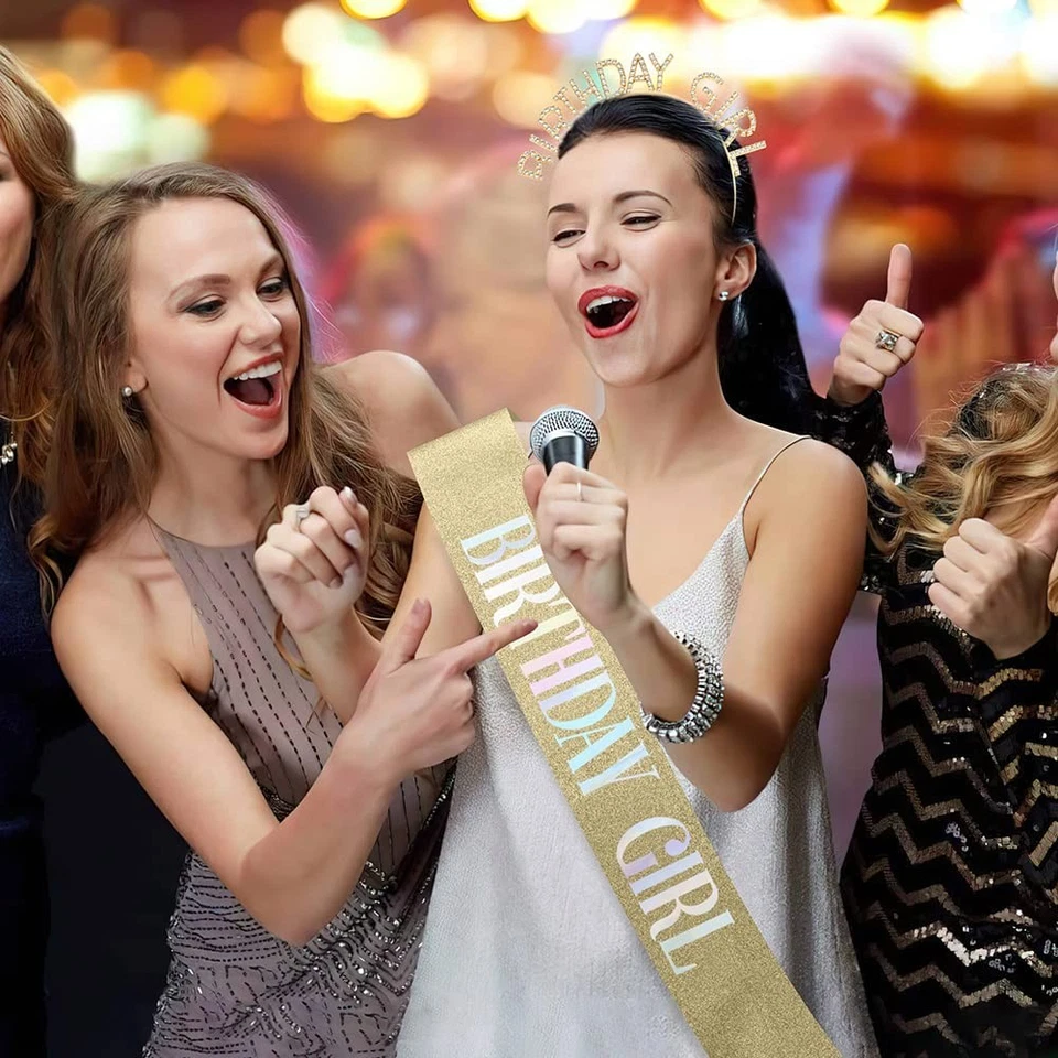 Glitter Birthday Sash, Tiara, and Rhinestone Headband - Gold Set - Image 2 of 4