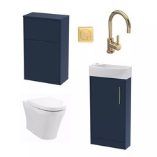 Cloakroom Suite - Right Hand 440mm Vanity, WC Unit, Toilet and Tap - Blue/Brass