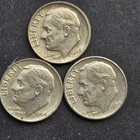 Lot of 3 1964 Roosevelt silver dimes.