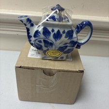 ANDREA BY SADEK VINTAGE MINIATURE TEAPOT PORCELAIN WHITE BLUE WITH STICKER
